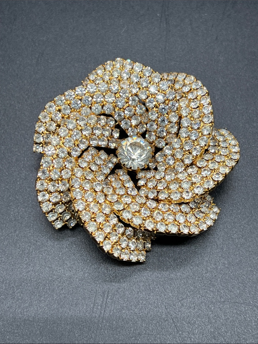 Vintage Large Rhinestone Flower Brooch 2.5” Gold Tone Crystal Pave Floral Pin